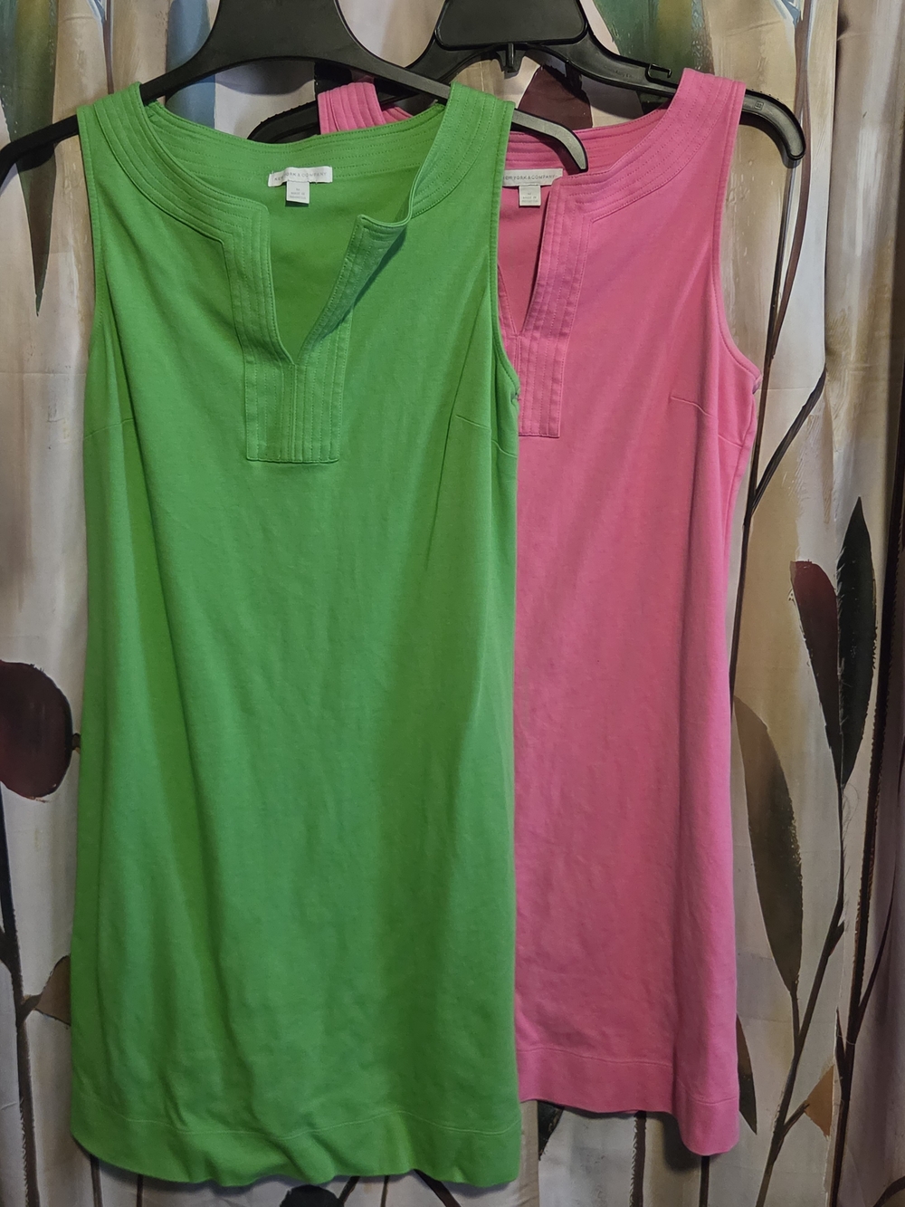 New York & Company Green and Pink Split-Neck Tank Dress Set Of 2
